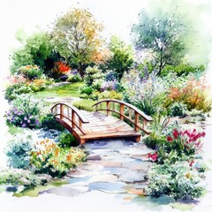 Obraz premium Watercolor Garden Landscape with Small Bridge and Path, Architectural Design for Relaxation and Beauty