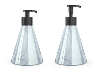 Сlear conical shaped pump bottle mockup with clear liquid. 3d illustration set on white background