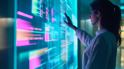 A young woman interacts with a futuristic digital interface displaying data visualizations in a modern workspace at night
