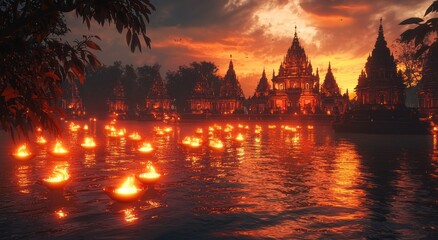 Obraz premium Burning candles in water for Diwali holiday, created with Generative AI technology.traditional Indian temples in the background, orange and red lights, 