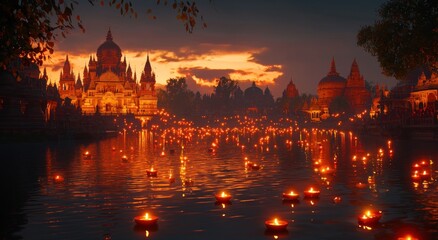 Obraz premium Burning candles in water for Diwali holiday, created with Generative AI technology.traditional Indian temples in the background, orange and red lights, 