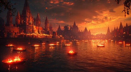 Obraz premium Burning candles in water for Diwali holiday, created with Generative AI technology.traditional Indian temples in the background, orange and red lights, 