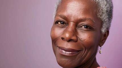 Obraz premium Warm Portrait of a Senior Woman with Gentle Smile on Lavender Background for Prints or Posters