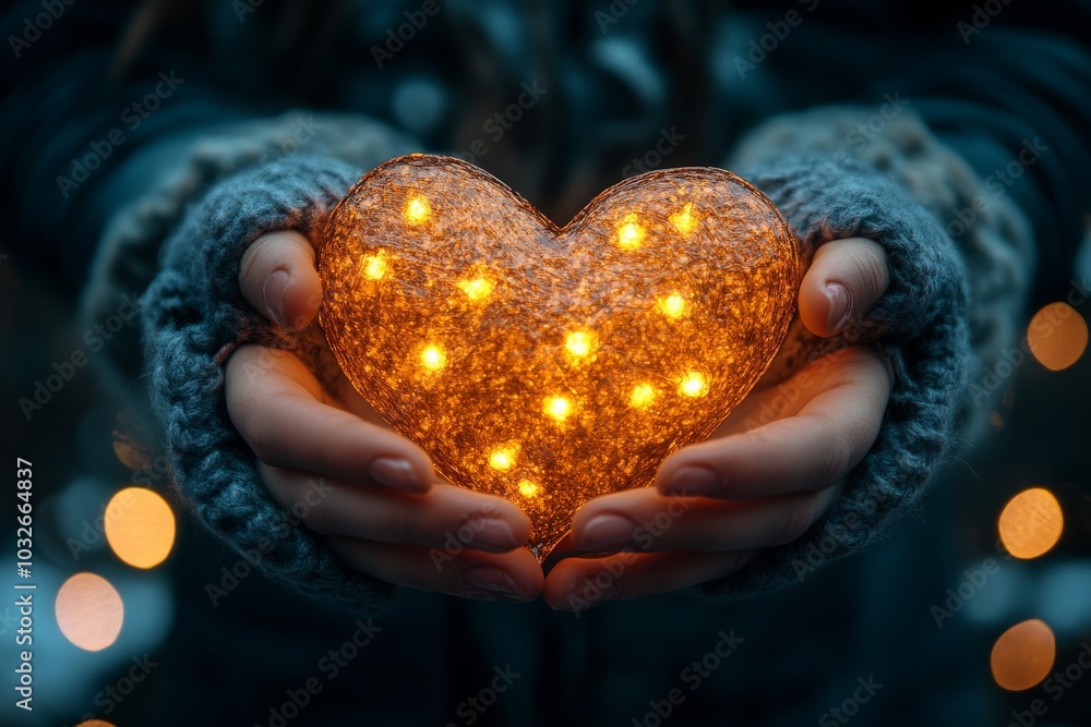 Poster hands holding a glowing heart shaped light in the dark radiating warmth and love symbolizing generos