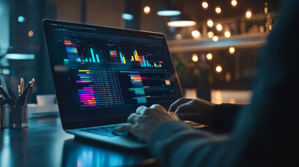 A person interacts with a futuristic interface on a laptop in a modern workspace during early evening hours