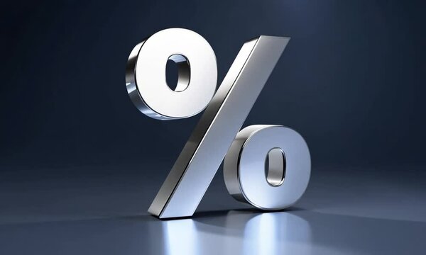 Silver percentage symbol illuminated against a dark background, representing finance, discount, and business concepts