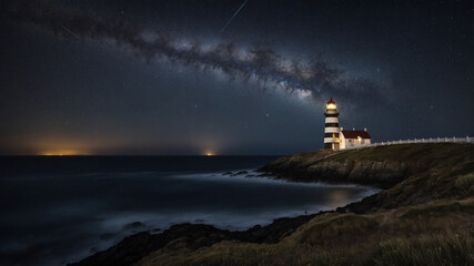 Lighthouse with Milky Way galaxy shining brightly above on a clear, starry night over the ocean horizon.
