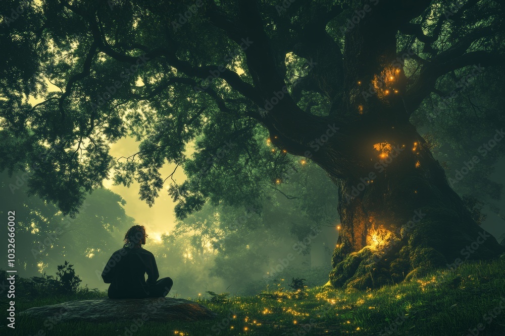 Poster meditation under a large ancient tree at dusk with glowing particles in the air representing wisdom 