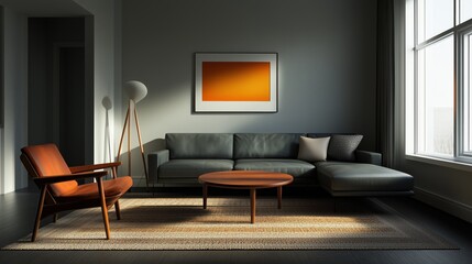 A living room featuring a gray leather sofa, dark wooden floors, and a hand-woven rug, creating a warm, natural feel.