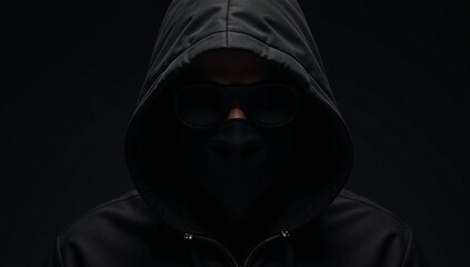 Dramatic portrait of a shadowy-hooded bank robber on a dark backdrop