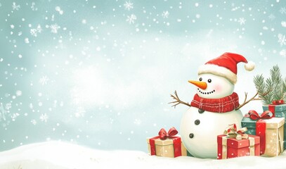 Christmas Wallpaper With a Cute Snowman Surrounded By Gifts, Greeting Card Concept With Copy Space, Snowy Background, Watercolor Design