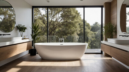Fototapeta premium Serene modern bathroom with large glass windows and a beautiful freestanding bathtub surrounded by nature.