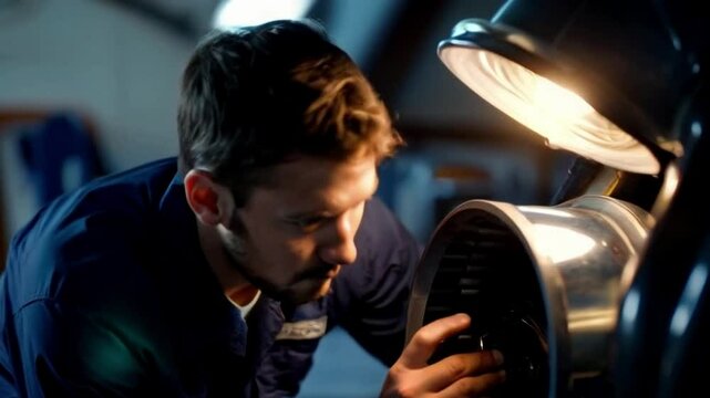 A young aerospace engineer, wearing a navy jumpsuit and safety goggles, leans into the open hatch of a jet engine, his focused expression illuminated by the soft, warm glow of a ring light positioned 