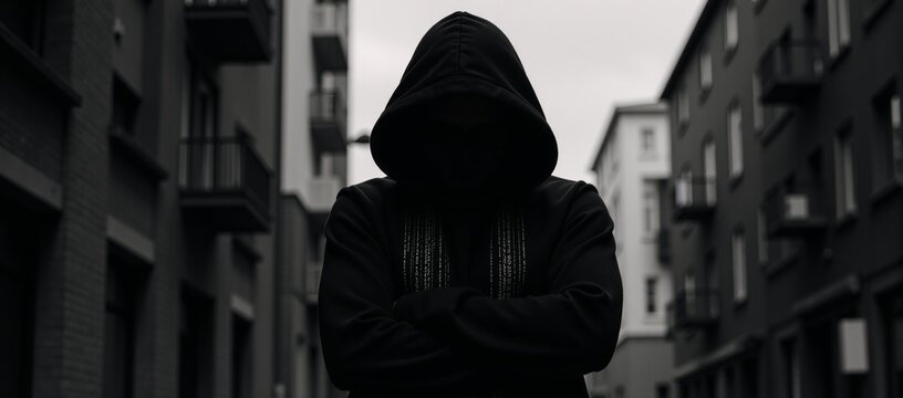 A Matrix-inspired digital illustration showcases a hooded hackers silhouette with patterned detailing