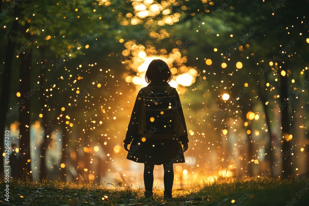 Poster child walking through a forest at dusk surrounded by glowing particles of light symbolizing magic wo