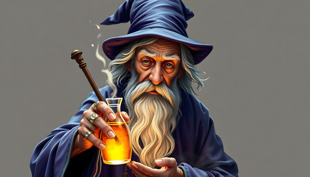 Old wizard conjures up elixir with magic wand isolated with white highlights, png
