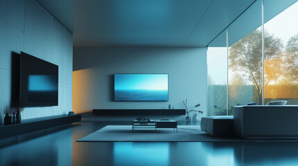 Fototapeta premium Futuristic Living Room with Seamless Tech Integration: Smart Lighting, OLED Display, Glass Coffee Table, and Automated Smart Glass Windows