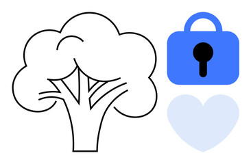 Simple illustration of a tree, blue lock and heart. Ideal for environmental conservation, security, love and care, holistic wellness, eco-friendly initiatives. Minimalist, clean style