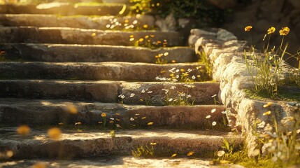 Naklejka premium Roman temple steps showing wear with wildflowers blooming glowing in sunlight