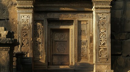 Obraz premium Detailed view of Roman doorway carvings illuminated by soft dawn light