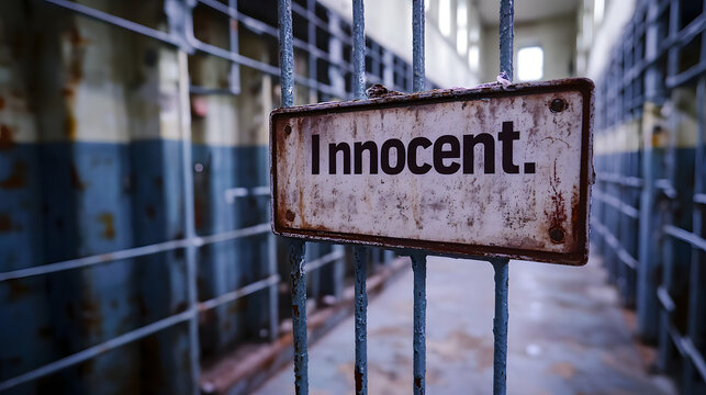 Rusty prison bars with a sign reading "Innocent" symbolize wrongful convictions, highlighting justice flaws, false accusations, legal injustice, and the need for reforms in the judicial system.

