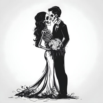 Gothic skeleton wedding couple in love, black and white illustration, symbolizing eternal love, dark romance, fantasy, spooky aesthetics, Halloween theme, and till-death-do-us-part vows