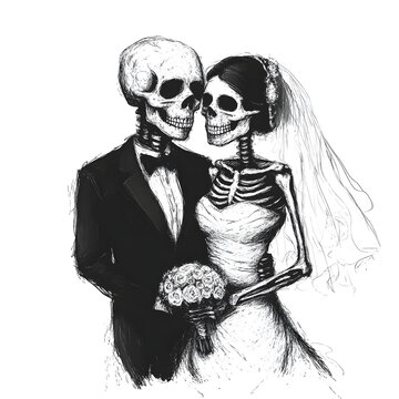 Skeleton bride and groom wedding illustration, gothic romantic couple, horror themed love, macabre marriage, spooky anniversary, artistic dark fantasy, death till eternity