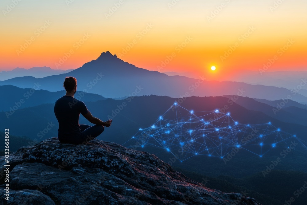 Aufkleber silhouette of a person meditating on a mountaintop at sunrise with geometric shapes and light patter