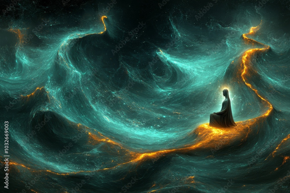 Poster abstract cosmic swirl of glowing turquoise and gold symbolizing energy creation and the swirling for