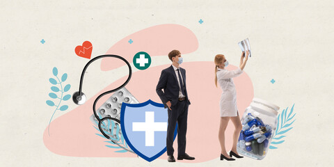 Doctor and businessman examine medical documents, shielded by large medical emblem, with pills and stethoscope in background. Healthcare, protection, security, medical service concept