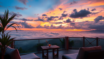 Fototapeta premium Beautiful sunset views at Dreamy Skies Hotel. Experience the magic of sunset at sunset. Sit back and relax in a dreamy atmosphere isolated with white highlights, png