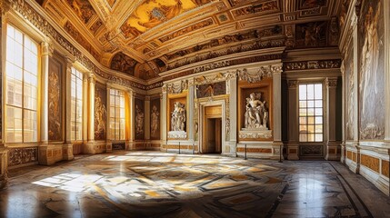 Fototapeta premium Senate chamber with ornate ceilings and wall panels warm light streaming in
