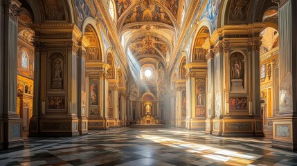 Fototapeta premium Roman basilica interior long nave leading to altar frescoes bathed in sunlight