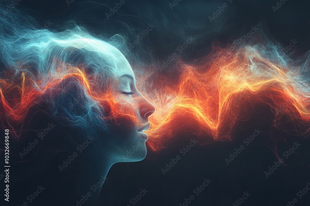 Poster womans profile with swirling waves of blue and orange light symbolizing creativity imagination and t