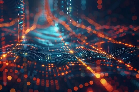 An encrypted message travelling through a network ,An illuminated array of letters and numbers, creating a visually striking and interconnected network.