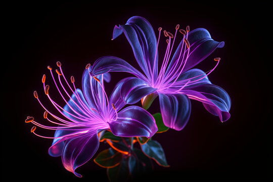 Honeysuckle made from purple neon glow light isolated on dark background
