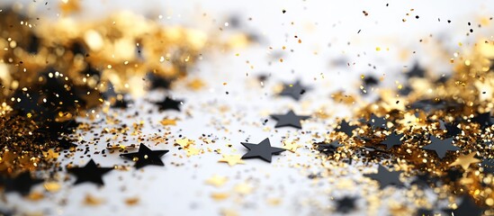 Golden and black glitter confetti stars on a white background.