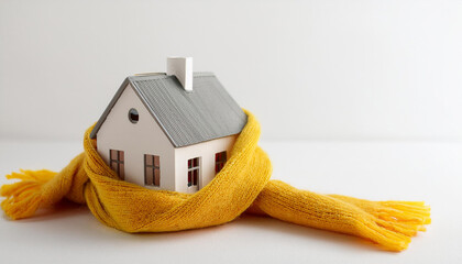 Miniature house wrapped in warm scarf on light background.