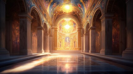 Basilica apse with elaborate mosaic sunlight casting colorful reflections on floor