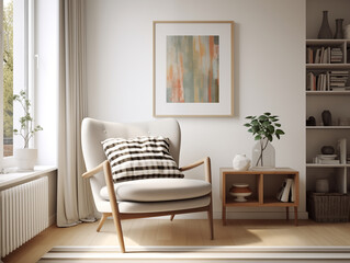 Modern living room interior with stripe elements in interior and decor. Scandinavian minimalist living room with stripes. 