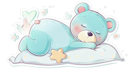 Cute blue teddy bear sleeping on the pillow
