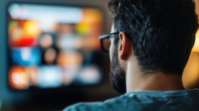 Man watching television in a cozy living room setting, focused and relaxed.