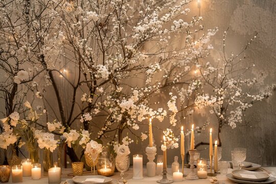 An ethereal winter wonderland filled with white blossoms and soft candlelight , An enchanting wedding reception adorned with white flowers and flickering candles, creating a romantic atmosphere.