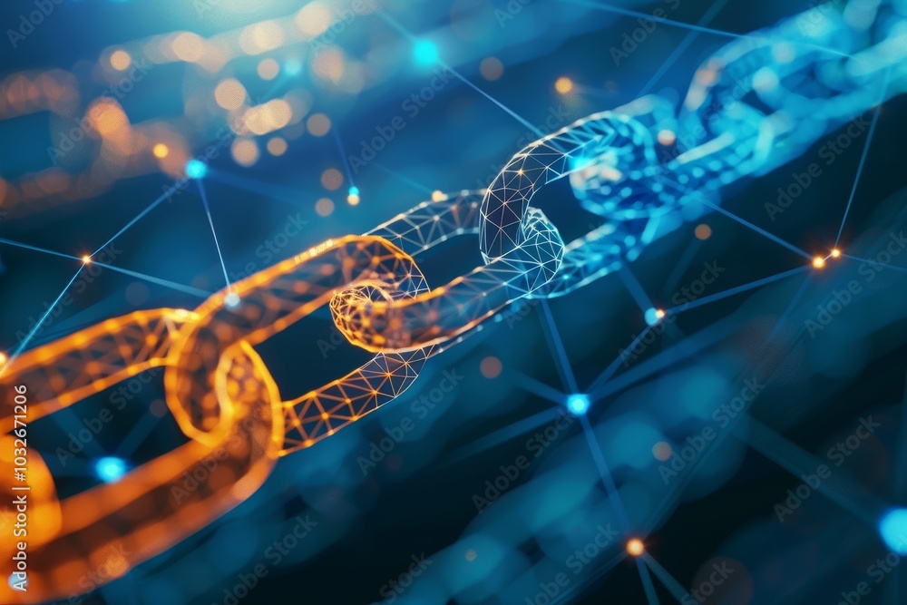 Poster an image depicting the transparency element of blockchain ,a visual of linked chains presented on a 