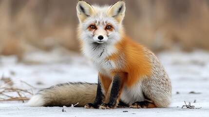 A red fox sitting on snowy ground.