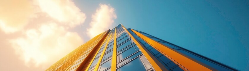Modern skyscraper viewed from below against a clear blue sky.