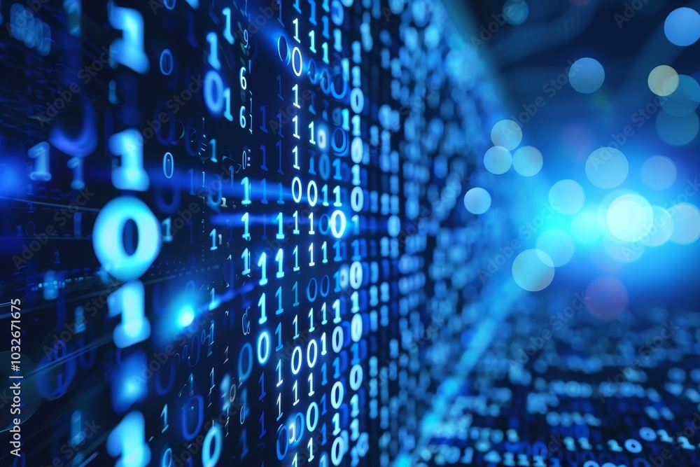 Poster an industry spewing out binary code signaling industrial it revolution ,a futuristic representation 