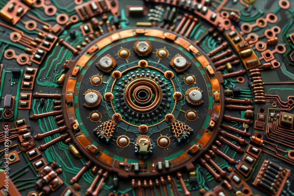 Poster an information technology-themed mandala depicting motifs of computer hardware , a circular arrangem