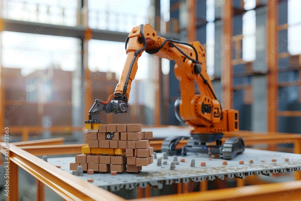 Poster an innovative robotic arm laying bricks on a construction site , a robot is actively working at a co