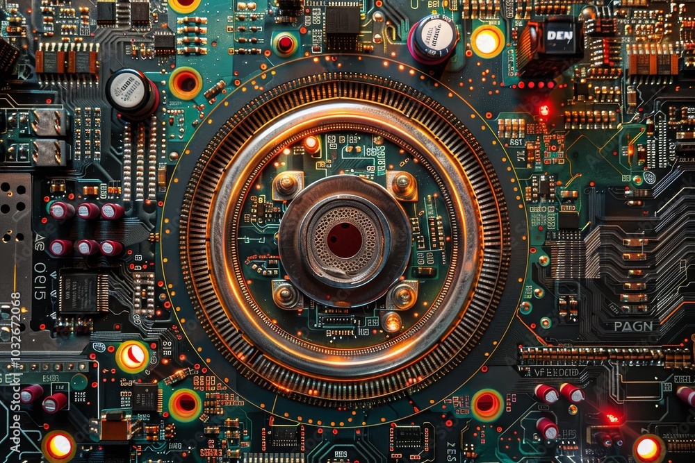Poster an information technology-themed mandala depicting motifs of computer hardware ,a circular motif hig